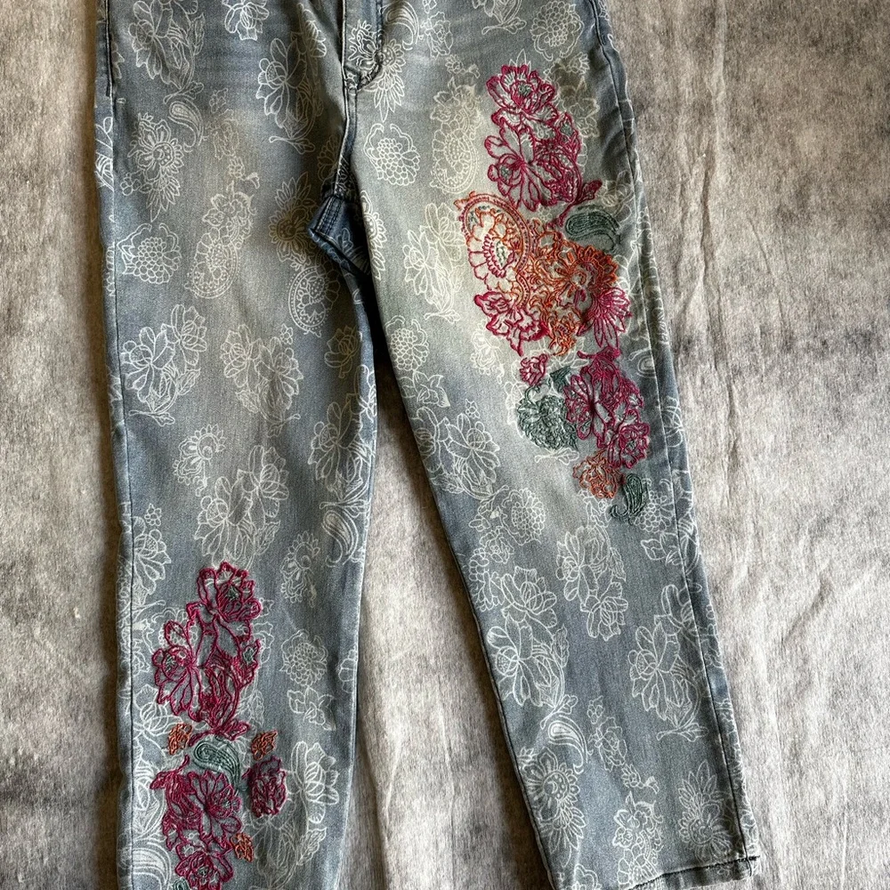 DG2 by Diane Gilman Floral Embroidered Cropped Jeans - Blue and Red - Picture 2 of 15